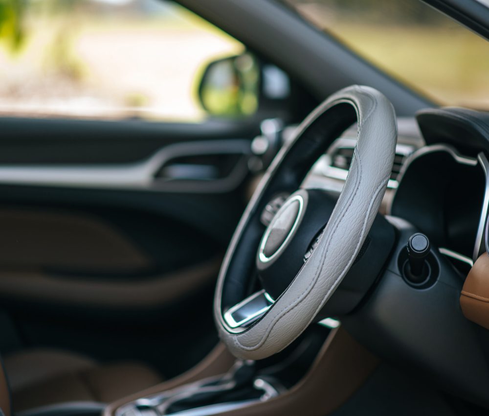 steering wheel in the car, selective focus
